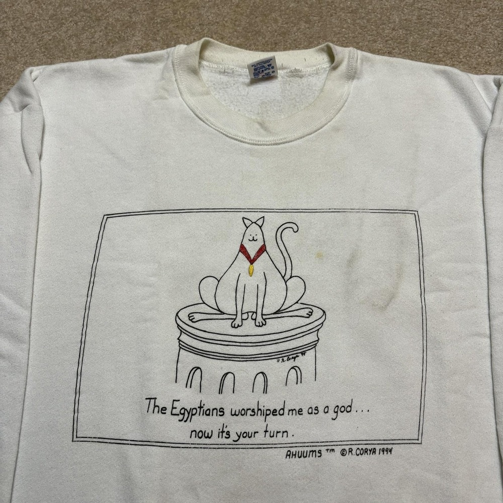 Vtg Cartoon Cat Sweatshirt 2XL‎ White Egyptian Cat God Graphic 1994 90s Funny